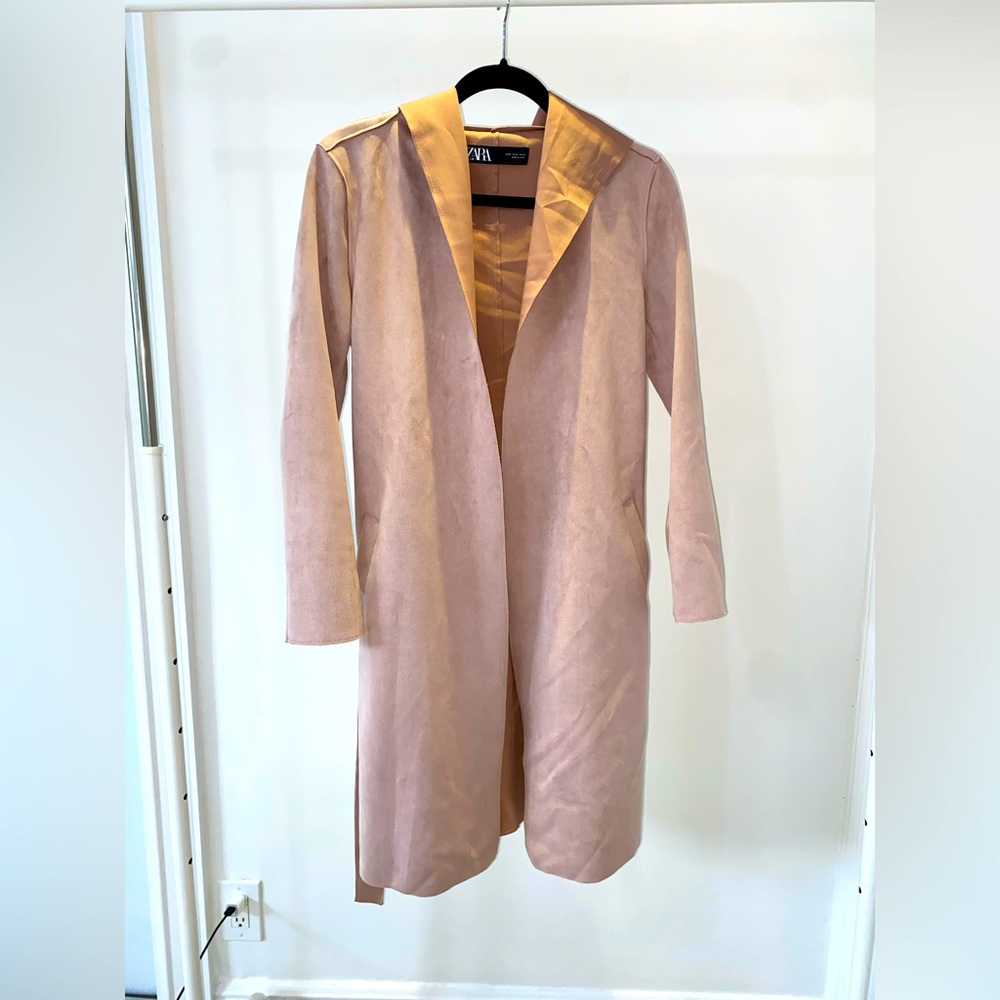 Zara Blush Pink Suede Hooded Overcoat